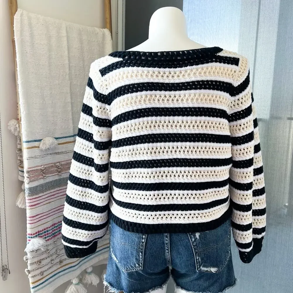 Apiece Apart Black White Striped Open Crochet Knit Slouchy Pullover Sweater XL - Picture 4 of 9